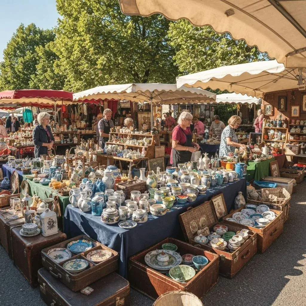Loulou browsing a Dordogne brocante filled with vintage pottery and baskets