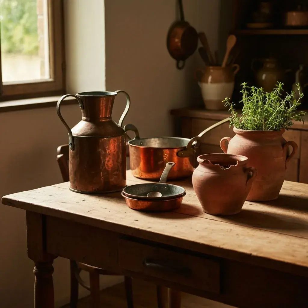 French farmhouse terrines, jugs, and serving pieces in warm neutral glazes