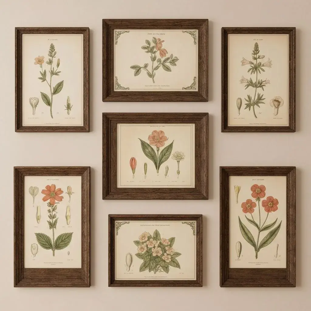 French botanical prints and engravings arranged for wall decor inspiration