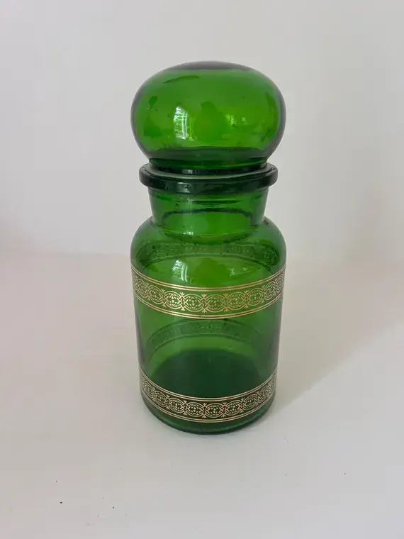 Vintage 60s/70s Emerald Green Glass Apothecary Jar "Made in Belgium"