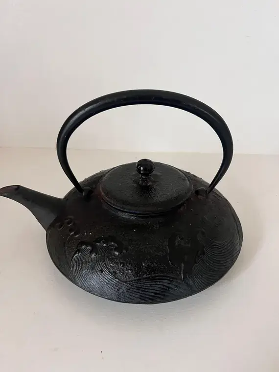 Antique Nanbu Tekki Tetsubin | Japanese Cast Iron Kettle, Wave Motif