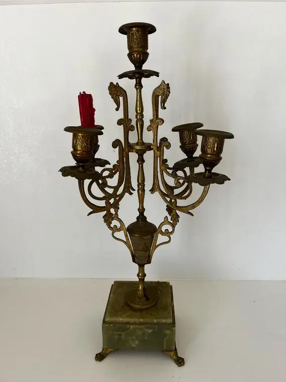 Vintage French Brass Candelabra — Louis XV Style, Onyx Base