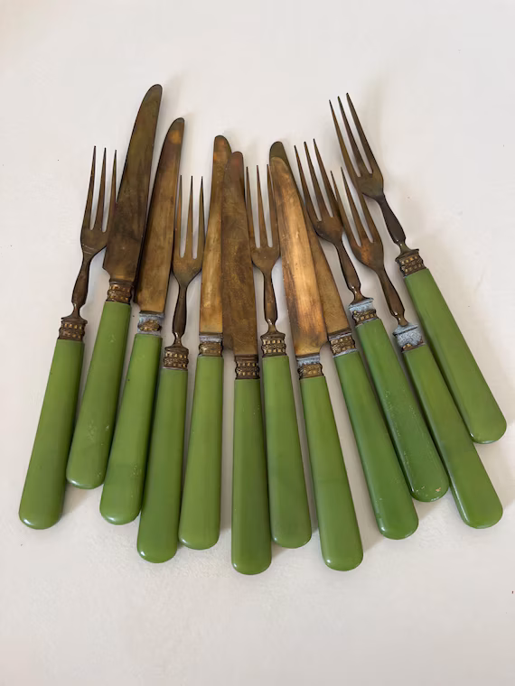 Vintage French Cutlery Set: 6 Forks, 6 Knives with Green Handles, Original Box