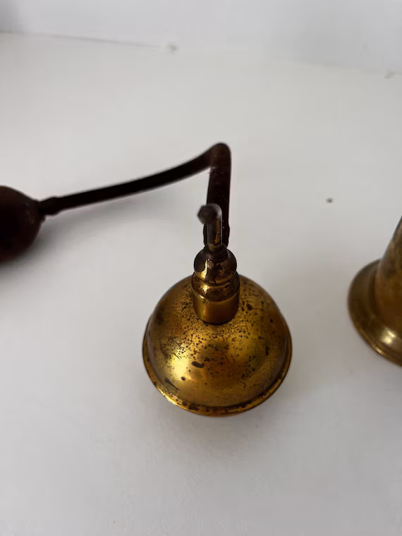 Vintage French Brass Barber Atomizer Perfume Sprayer Globe Reservoir Rubber Bulb 1920s Boudoir Decor Barbershop Vanity Table Object