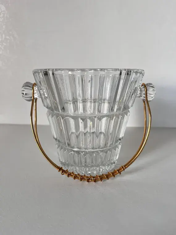 Vintage Clear Glass Ice Bucket with Brass Handle, Mid Century Barware