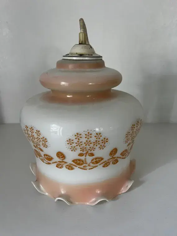 Vintage French Opaline Glass Pendant Lamp Shade Pink White Floral Print Scalloped Edge 1960s Ceiling Light Shade Kitchen Decor