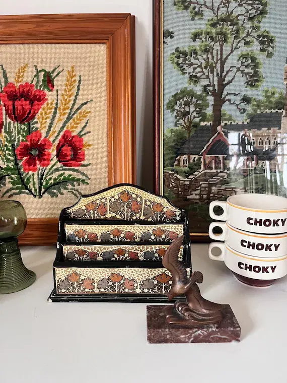 Vintage Black Lacquerware Letter Holder Gold Floral Decoration Art Nouveau Style Desk Mail Organizer