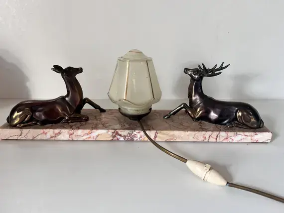 Art Deco Stag Doe Lamp | Spelter Figures, Marble Base, Frosted Glass Shade