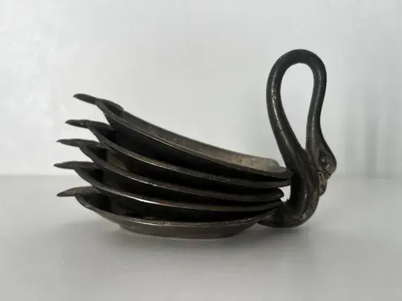 Vintage French Pewter Ashtray Set Swan Holder 5 Leaf Dishes Embossed Metal Trinket Tray 1960s Table Decor Jewellery Dish Gift Idea