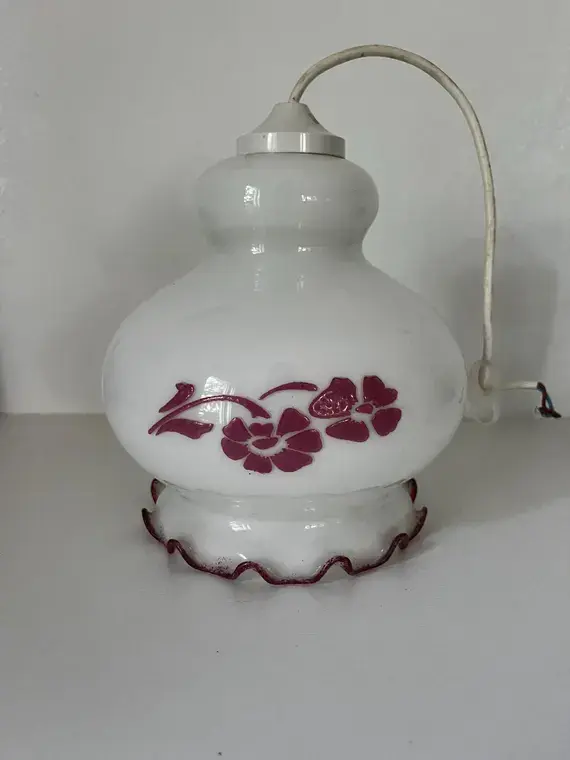 Vintage French milk Glass Pendant Lamp Shade White Burgundy Floral Scalloped Edge 1960s Ceiling Light Shade Kitchen Decor