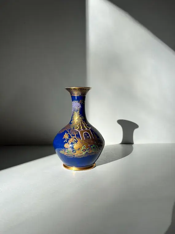 Carlton Ware Chinoiserie Vase | Cobalt Blue Gilded Pagoda Scene
