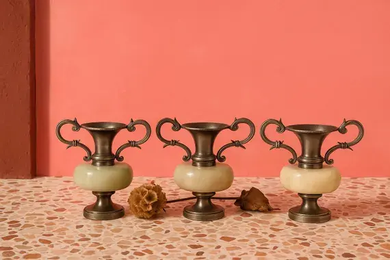 Vintage Miniature Urn Vases: Silver Metal & Alabaster, Set of 3