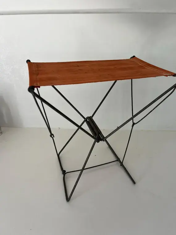 Vintage French Folding Stool Orange Canvas Seat Iron Frame Mid Century Camping Fishing Tabouret Pliant 1960s Rustic Garden Decor